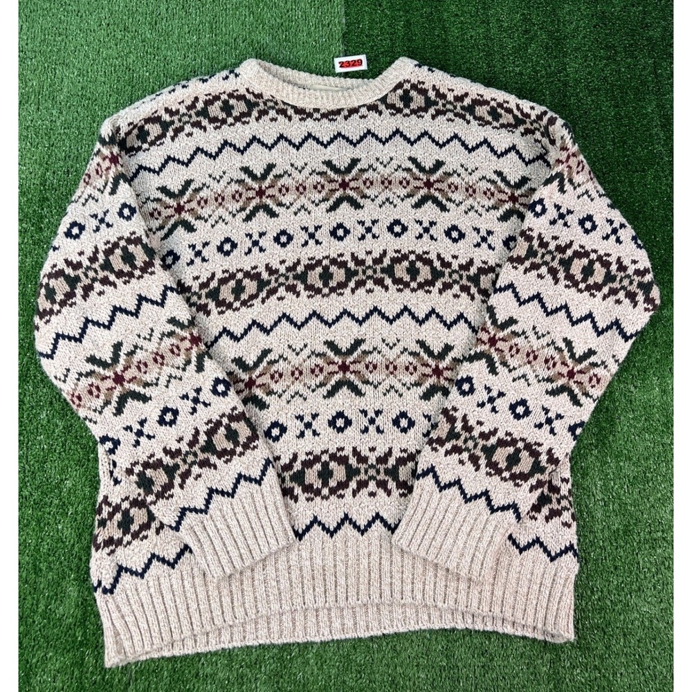 Fieldmaster Mens Large Fair Isle Knit Sweater Made in USA Cotton Blend Cream